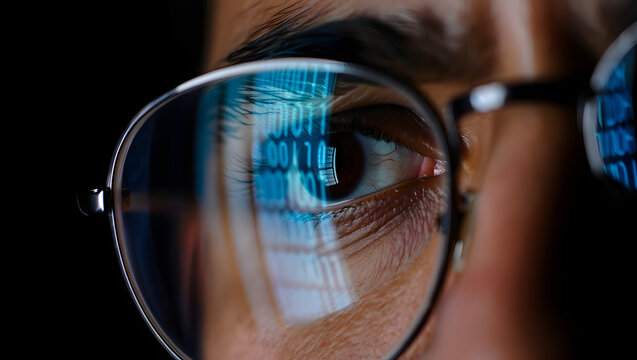 Binary Code in Reflection: A close-up shot of an eye, with glasses reflecting binary code. Capturing the essence of technology and analysis.
