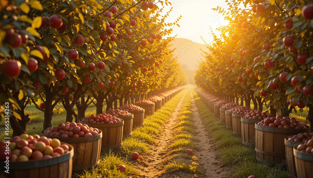Poster rows of apple trees stretch down the path in a serene orchard, with colorful baskets brimming with r