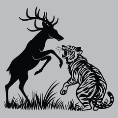 Tiger Hunting Deer silhouette vector design art and illustration