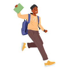 Happy teenage boy student cartoon character running fast rejoicing start of education feeling joy