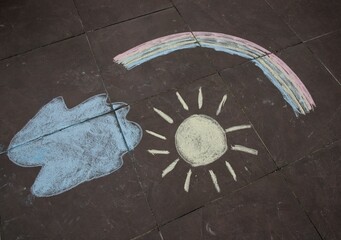 Drawings of the sun, a cloud and the rainbow made with sidewalk chalk