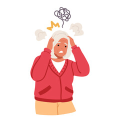 Retired elderly woman cartoon character feeling stress suffering from tangled confused thoughts