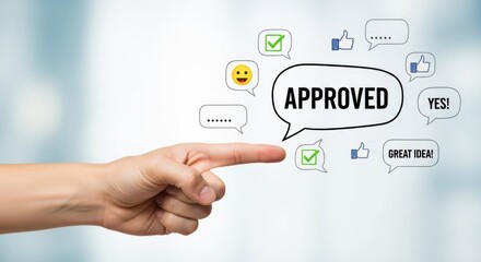 Thumb pointing to approval icons with speech bubbles symbolizing positive feedback