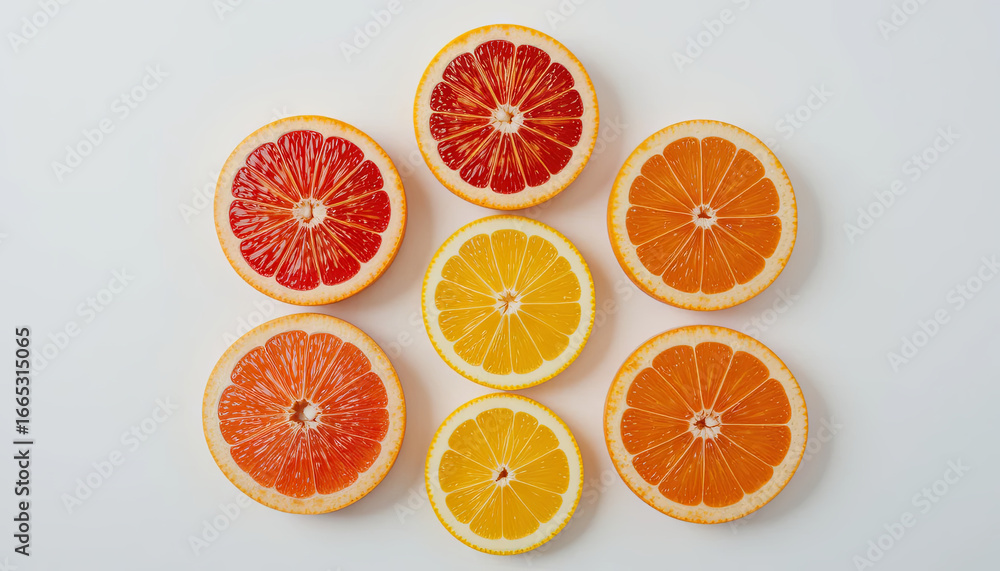 Poster bright and fresh citrus fruits are arranged in a circular pattern, showcasing slices of grapefruit, 