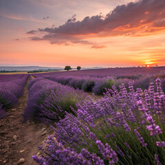 Naklejka premium Golden hour at a lavender field.