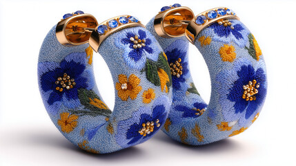 Embroidered hoop earrings with blue floral design