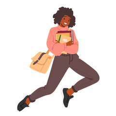 African American teenage girl student cartoon character with books and handbag jumping in air