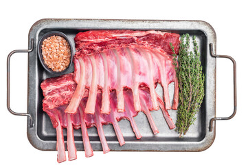 Raw mutton meat for chops steaks, uncooked rack of lamb on steel tray with herbs isolated on white background. top view