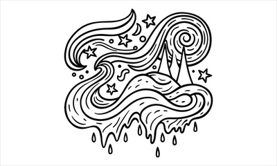 Starry Night t shirt design silhouette and vector line art, intricate detailed illustration, perfect for mindfulness, relaxation, stress relief, adult coloring books, printable artwork.