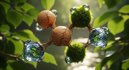 Nature's Molecular Marvel: A close-up depiction of nature's artistry showcases the beauty of molecular structures with water droplets and botanical elements.