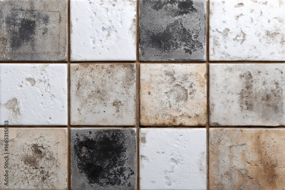 Poster distressed ceramic tiles showing a weathered and rustic look, creating a unique pattern