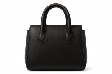 Sleek black leather handbag featuring twin handles, displayed against transparent backdrop, highlighting sophisticated accessory design with minimalist aesthetic