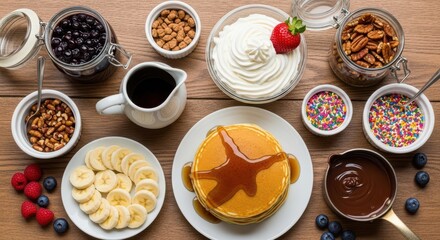 Delicious pancake breakfast with syrup, fresh fruits, and tasty toppings on wooden table