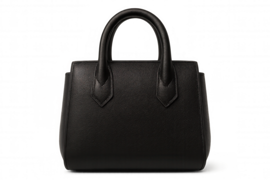 Sleek black leather handbag featuring twin handles, displayed against transparent backdrop, highlighting sophisticated accessory design with minimalist aesthetic