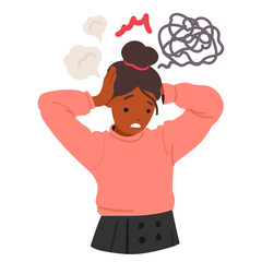 Preteen school girl cartoon character feeling scared suffering from tangled complex thoughts