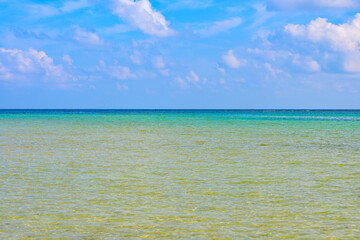  静かな水平線と透明な海が美しい石垣島のトロピカルな風景