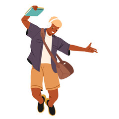 Trendy fashion teenage guy college student cartoon character wearing headphones jumping in air