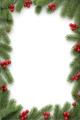 Festive Frame with Pine Branches and Red Berries