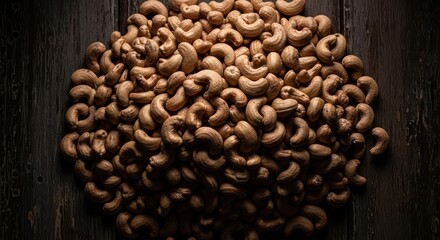 Pile of raw cashews on rustic wooden surface highlighting texture and color