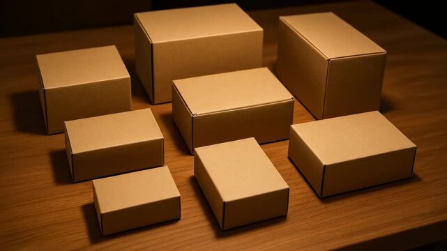 Assortment of Blank Brown Cardboard Boxes in Various Sizes Neatly Arranged on a Warm Wooden Table, Ready for Packaging or Branding Concepts