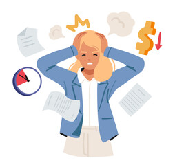 Young businesswoman holding head feeling chaos in thoughts due to unproductive time management