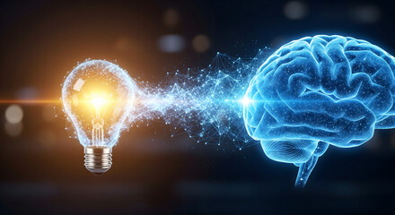 Idea Spark: A luminous lightbulb ignites a surge of creativity, connecting with a detailed illustration of a human brain, capturing the essence of innovation, ideas, and cognitive function.