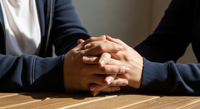 Two people holding hands across a wooden table in sunlit setting