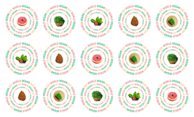 World Vegan Day, healthy eating concept. Wallpaper seamless pattern with broccoli, apple, grapefruit, currants, berries. Vegetable, fruit photo puzzle, isolated fragments. Circled words. PNG