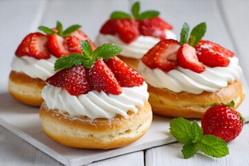 Delicious round pastries topped with whipped cream, fresh strawberries, and mint leaves