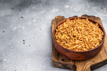 Crispy Fried Onion, Roasted dried Onions. white background. top view