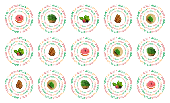 World Vegan Day, healthy eating concept. Wallpaper seamless pattern with broccoli, apple, grapefruit, currants, berries. Vegetable, fruit photo puzzle, isolated fragments. Circled words. PNG