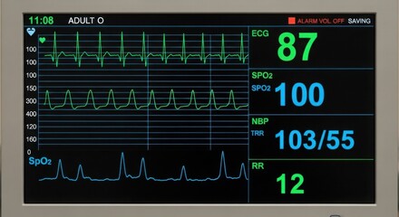 Close up of a vital signs monitor displaying ecg spo2 nbp and rr with various readings and waveforms