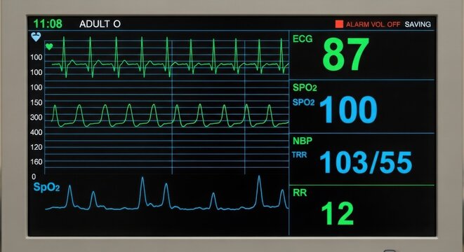 Close up of a vital signs monitor displaying ecg spo2 nbp and rr with various readings and waveforms