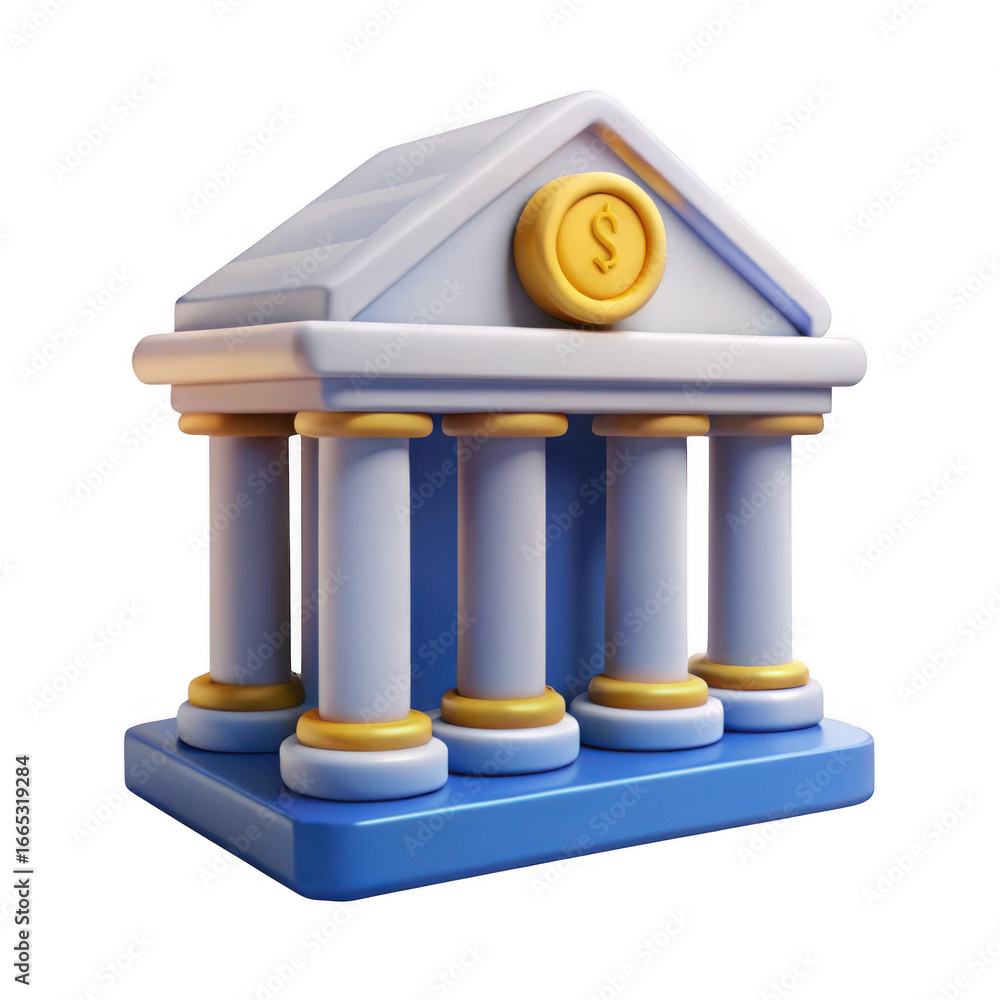 Poster 3d bank building with columns isolated on transparent background