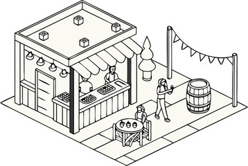 Naklejka premium Isometric illustration of a busy outdoor beer stall with customers and barrel outdoor cafe people