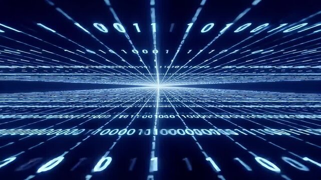 Abstract digital binary code stream flowing through a futuristic blue neon tunnel, representing data processing and global network connections at light speed