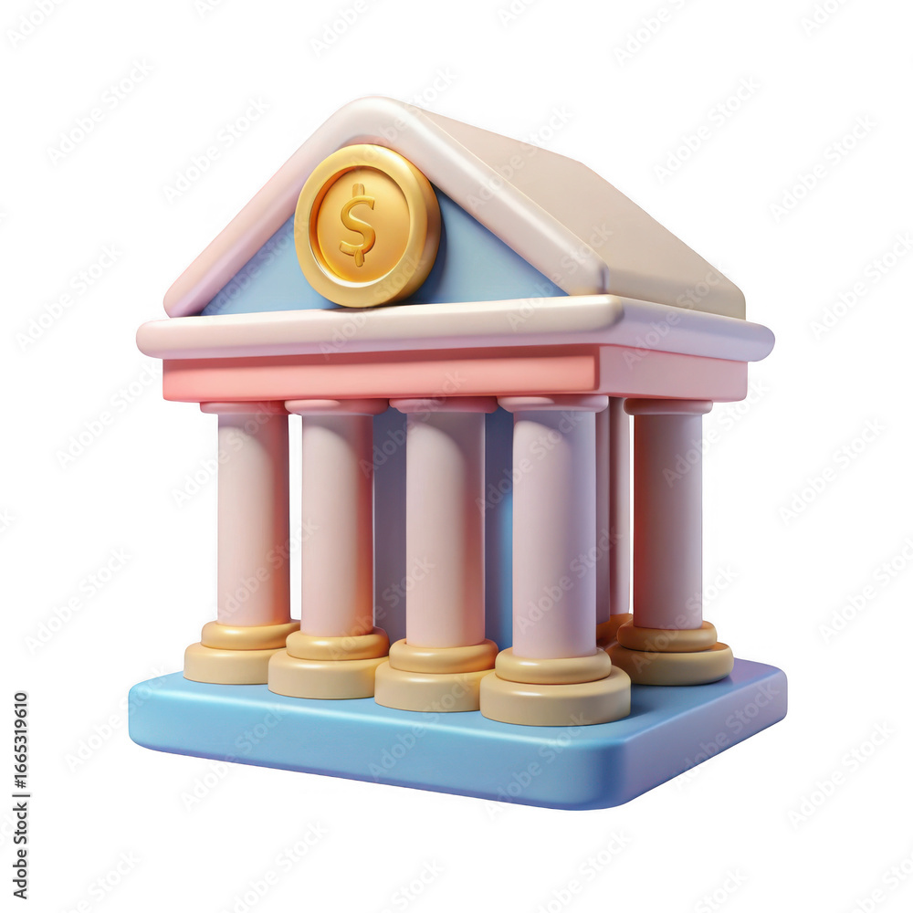 Poster 3d stylized bank building with columns isolated on transparent background