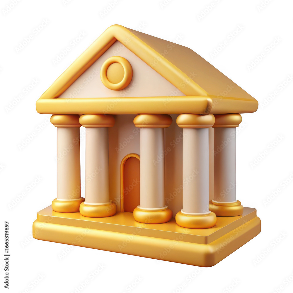 Poster 3d golden bank building with columns isolated on transparent background