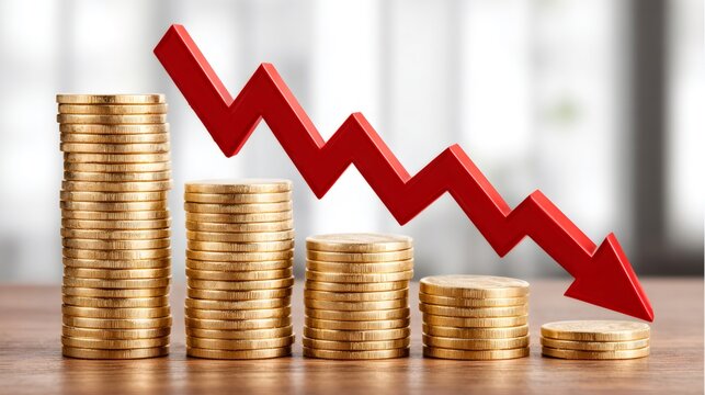 Red arrow pointing down over decreasing stacks of coins symbolizing financial loss