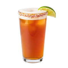 Michelada beer cocktail with a salt rim and lime
