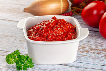 Bulgarian traditional lutenica pepper sauce