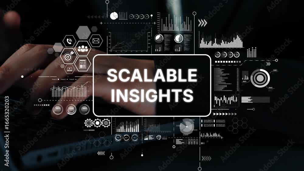 Poster digital technology concept featuring scalable insights with graphs, data visualization, and trend an