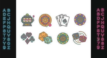 Collection of colorful casino and gambling game icons, including slot machine, roulette, cards, dice, and chips.