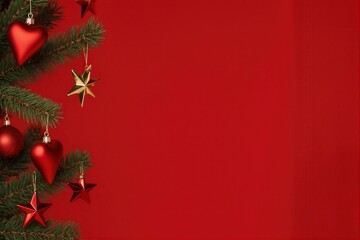 Christmas tree branch adorned with red ornaments and gold stars against a vibrant red background