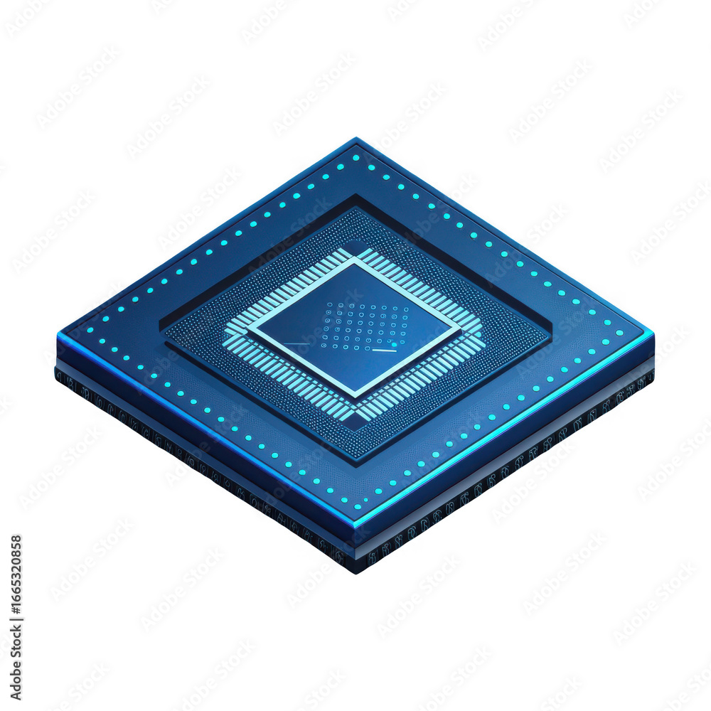 Poster 3d microchip processor with blue circuitry isolated on transparent background