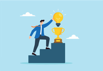 Flat illustration of businessman placing glowing lightbulb on golden trophy pedestal to celebrate successful innovative problem solving