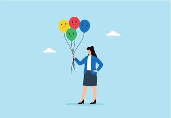 Flat illustration of businesswoman holding balloons with different facial expressions symbolizing emotional diversity mood swings and mental health awareness