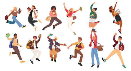 Joyful teenage student cartoon characters jumping in air rejoicing cheering having positive emotion