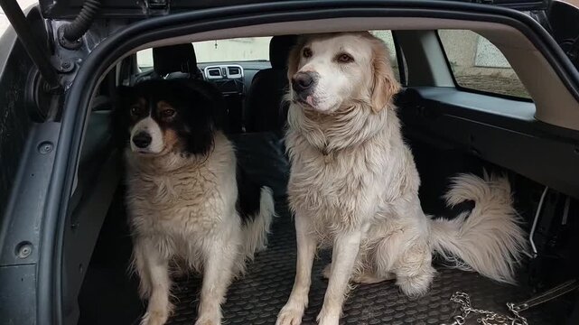 Two Carpathian Shepherd dogs sitting in car trunk excited eager waiting for road trip adventure travel pet companion domestic animal journey lifestyle