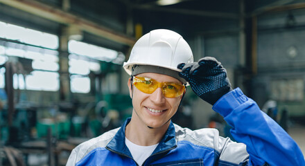 Smiling male caucasian adult worker turner in industry factory with safety gear